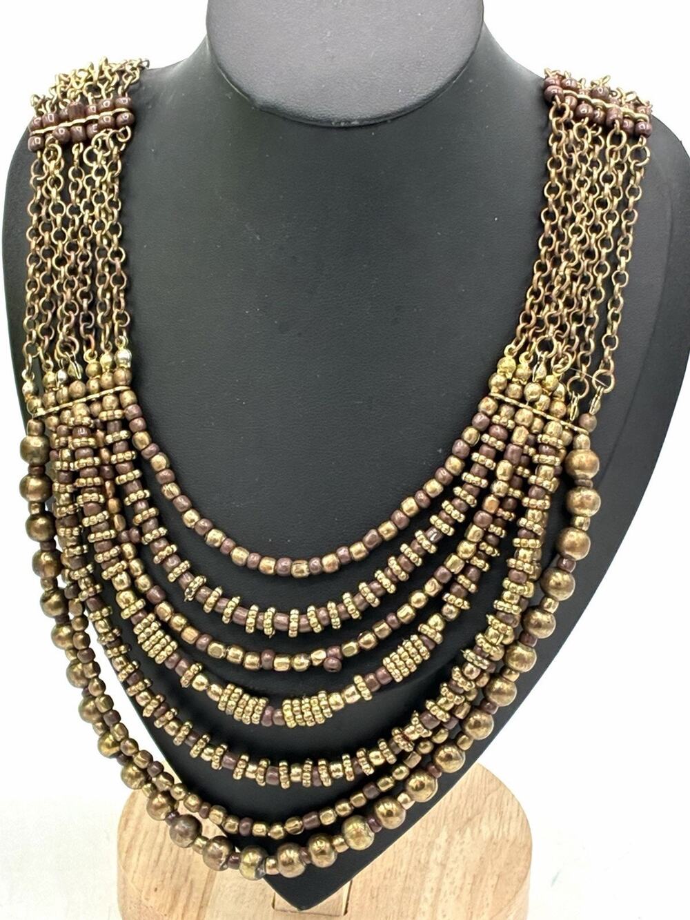 Vintage Style Antiqued Gold Tone Multi Strand Beaded Bib Necklace Brown Boho